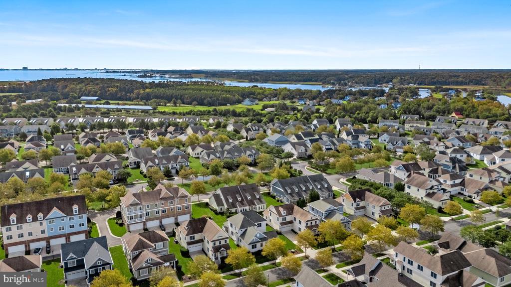 Aerial view of a residential neighborhood beside waterways and wooded wetlands.