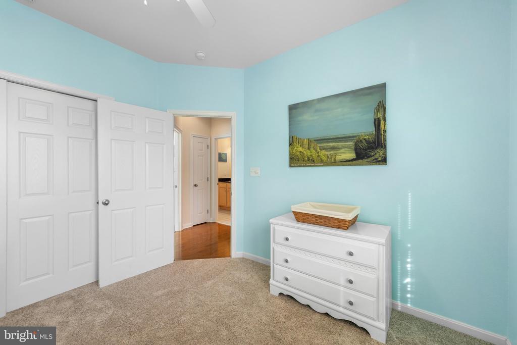 Bedroom with aqua walls, white dresser, carpet, and open doors to the hallway.