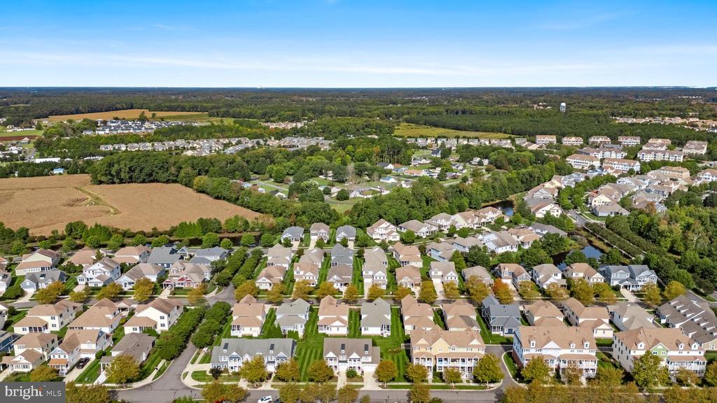 Aerial view of a residential neighborhood bordered by woods and open fields.