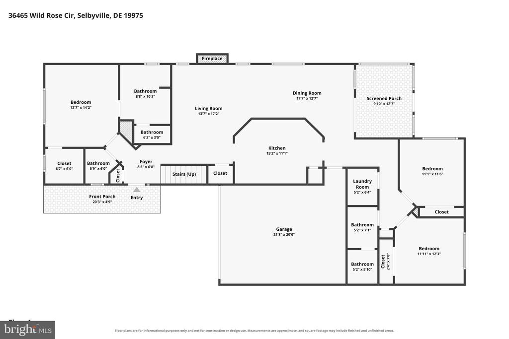 Floor plan for 36465 Wild Rose Circle, with labeled rooms, dimensions, and garage.