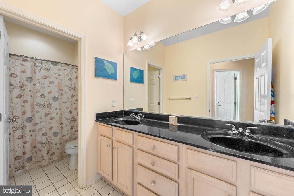 Bathroom with double-sink vanity, black countertop, and adjoining tiled shower.