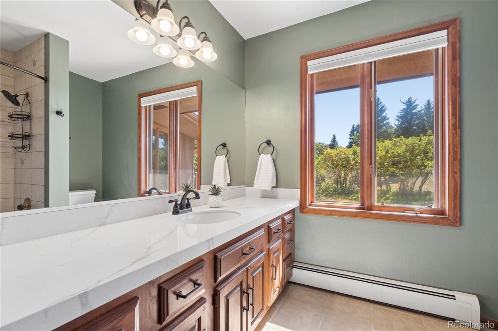 Bathroom with a long wood vanity, large mirror, and a window overlooking trees.