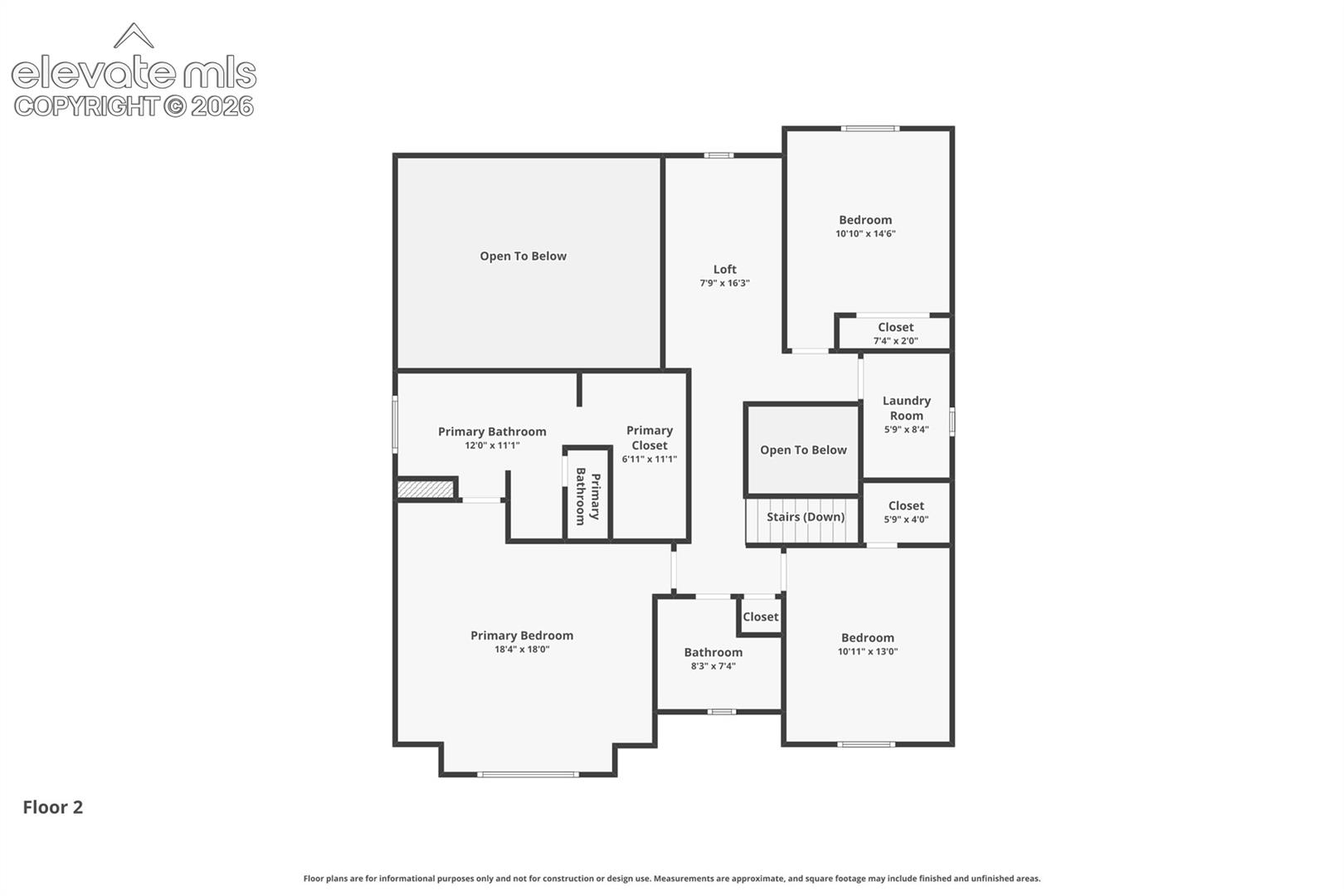 Second-floor floor plan with three bedrooms, loft, laundry room, bathrooms, and areas open to below.