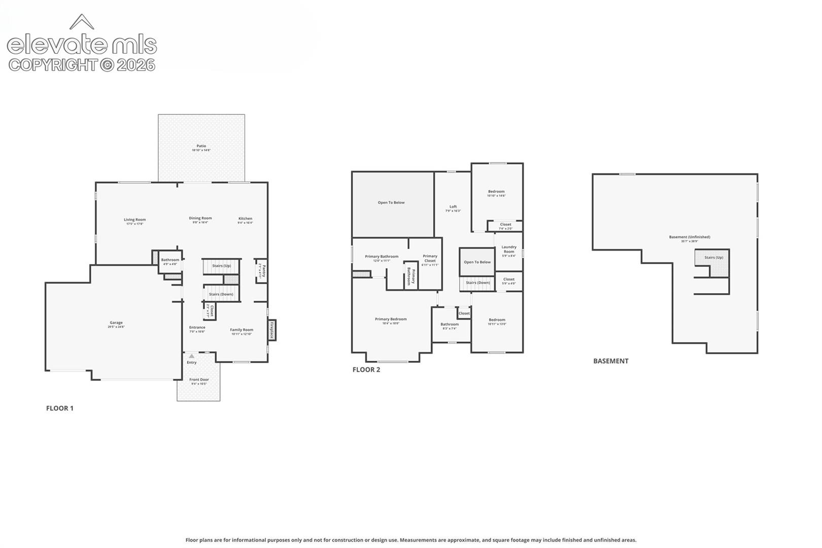 Three-level floor plan showing first and second floors and an unfinished basement.