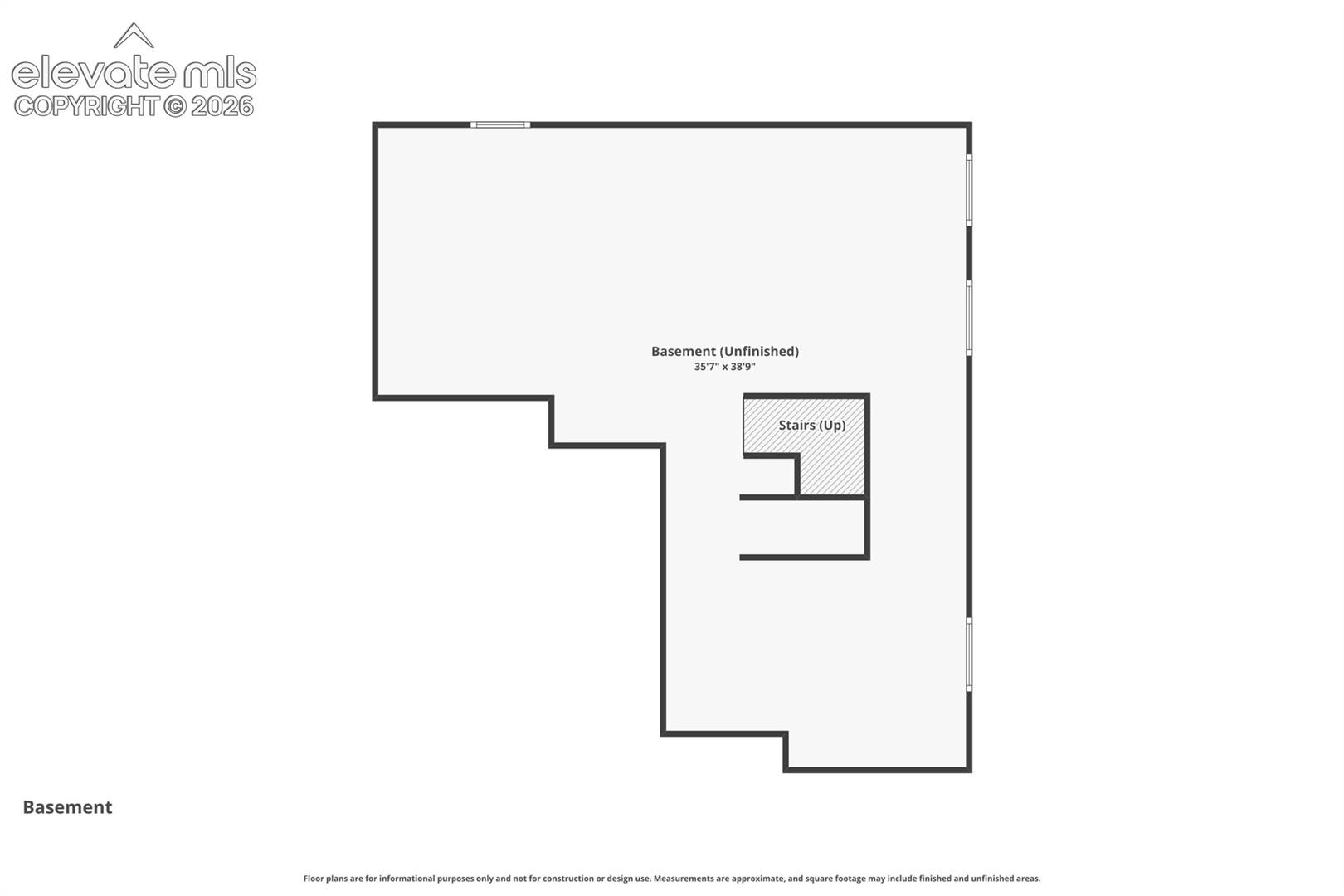 Unfinished basement floor plan with stairs leading up and dimensions of 35 feet 7 inches by 38 feet 9 inches.