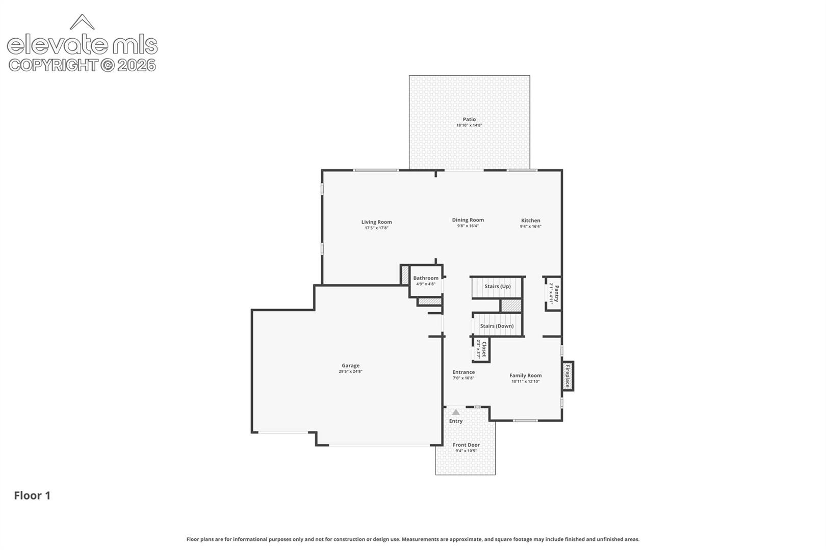 First-floor plan showing the garage, living and dining areas, kitchen, family room, and patio.