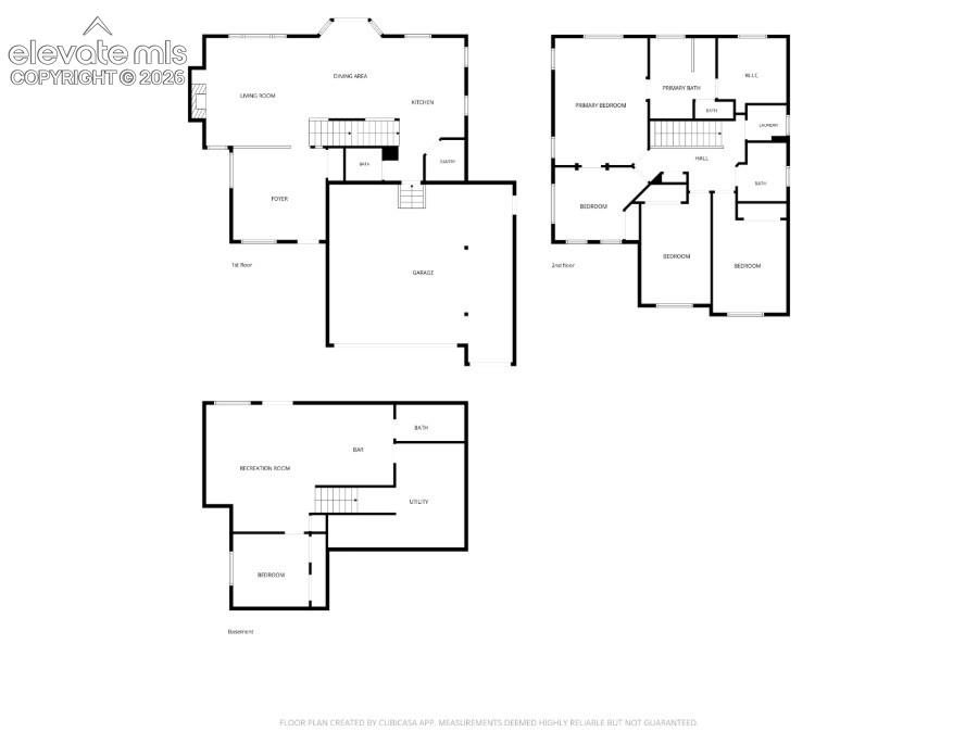Three-level home floor plan with labeled living areas, bedrooms, baths, garage, and basement recreation room.