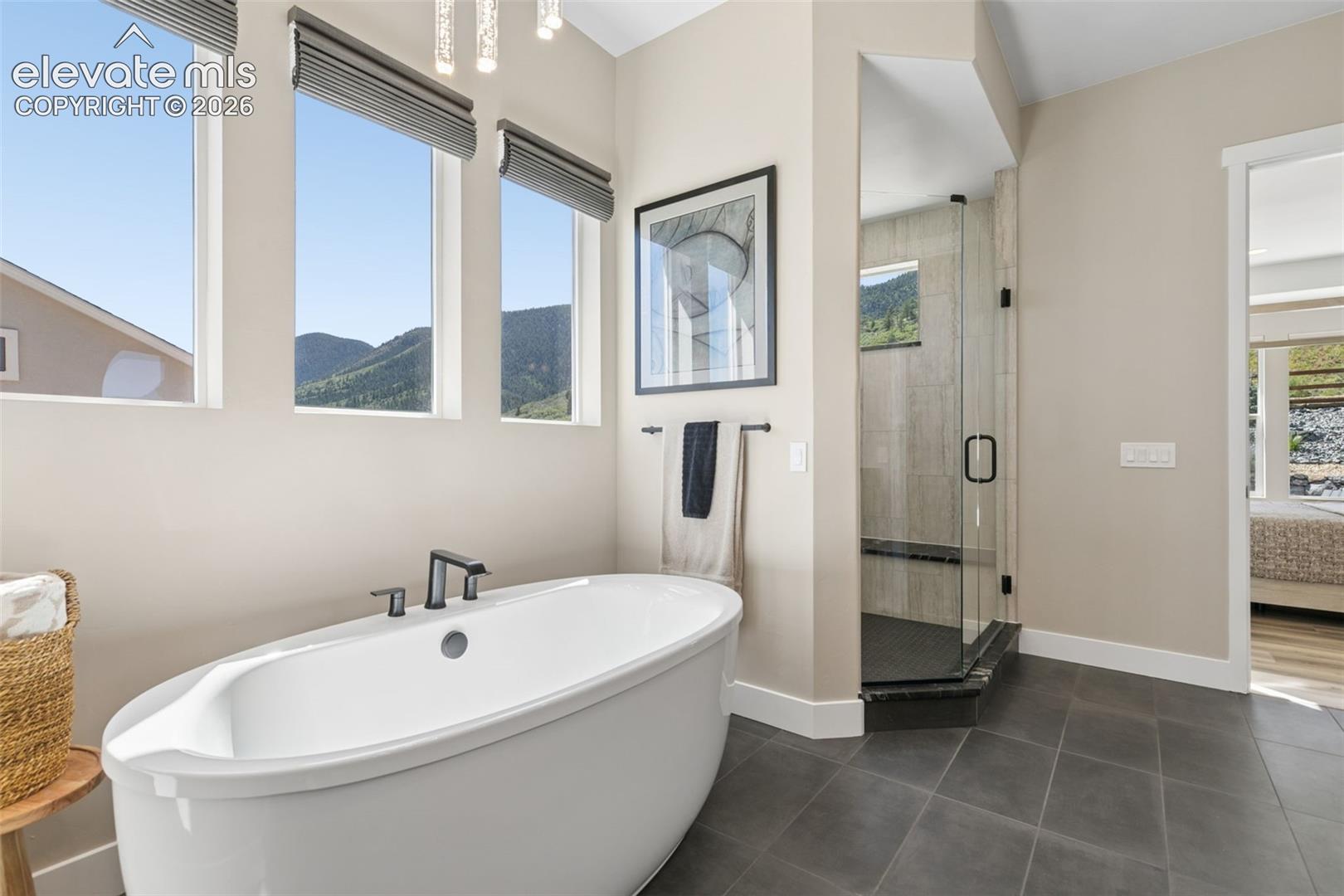 Modern bathroom with a freestanding tub and glass shower beneath windows overlooking green mountains.