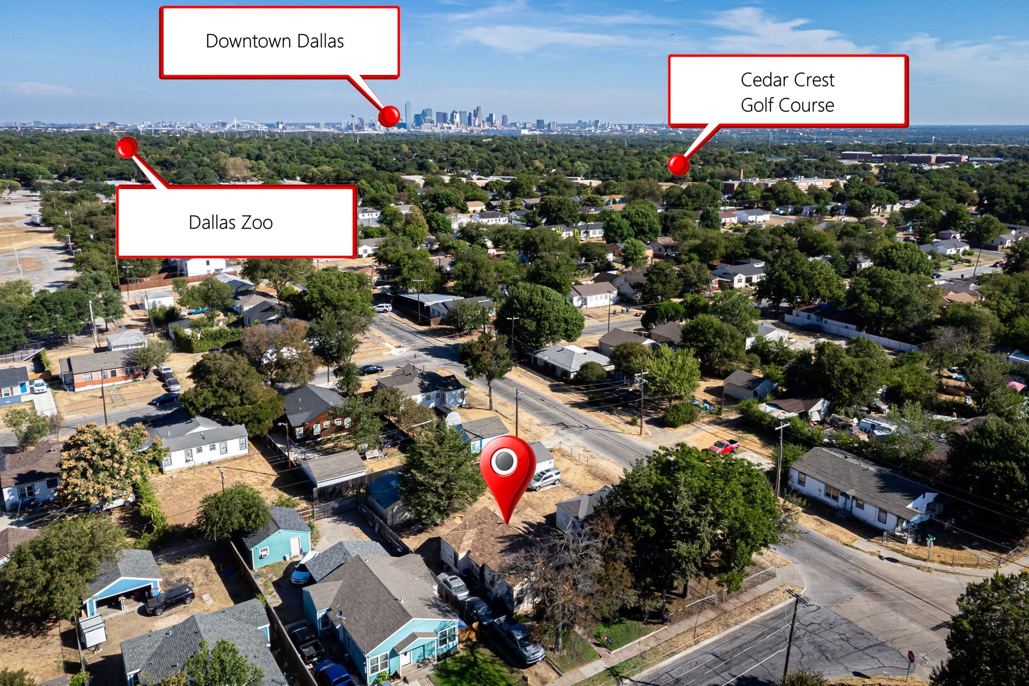 Aerial view of a Dallas neighborhood with markers for the property, Downtown Dallas, Dallas Zoo, and Cedar Crest Golf Course.
