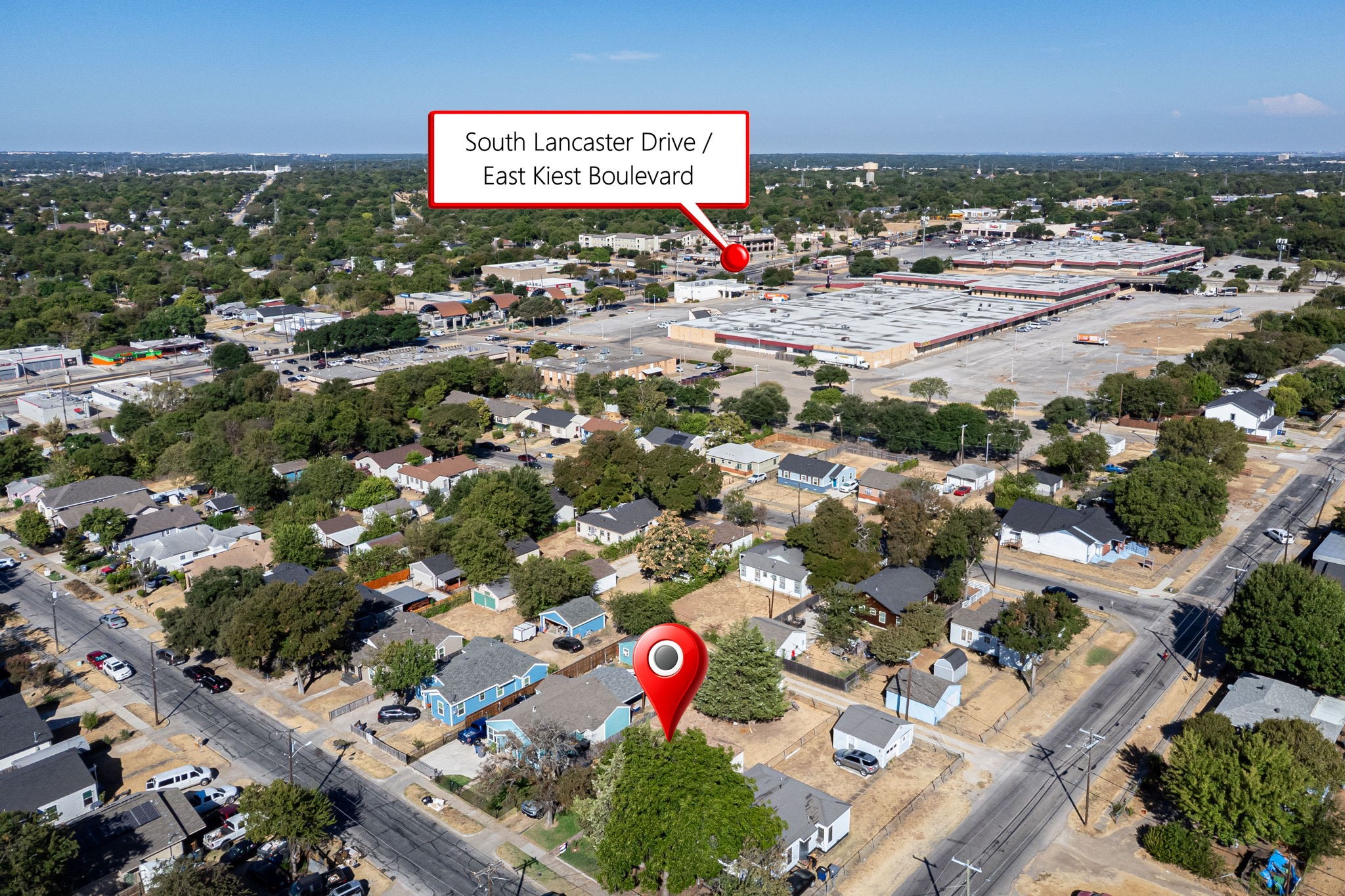 Aerial view of the marked property near South Lancaster Drive and East Kiest Boulevard.