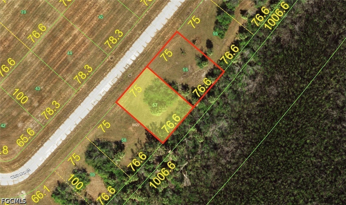 Aerial parcel map highlighting a vacant lot on Whitefish Ct among wooded parcels.