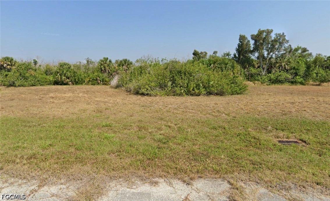 Vacant grassy lot bordered by scrub and trees, with a storm drain near the roadside.
