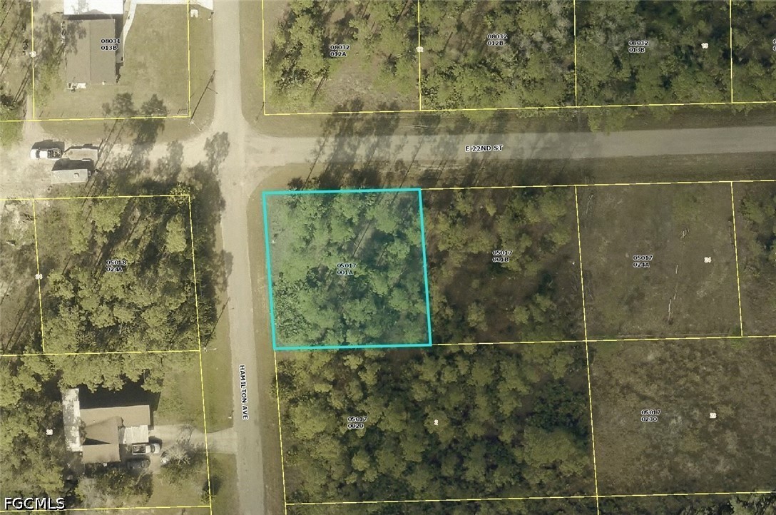 Tree-covered corner lot outlined in turquoise at E 22nd Street and Hamilton Avenue.