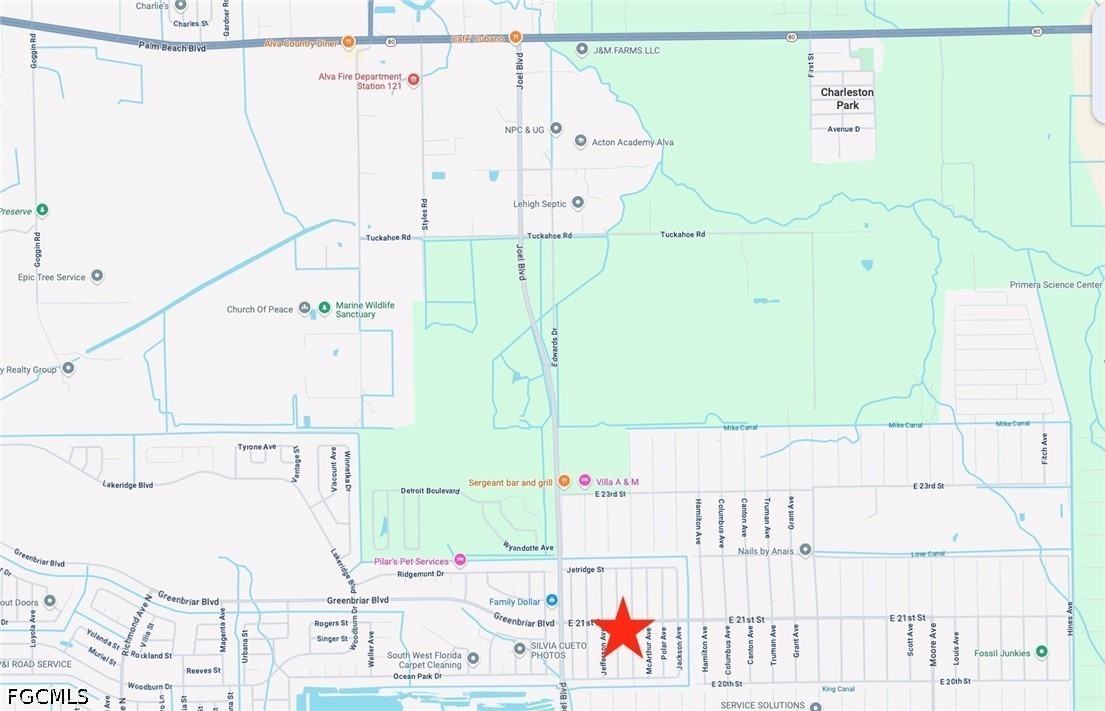 Map of Alva with a red star marking a location near E 21st Street and Greenbriar Boulevard.