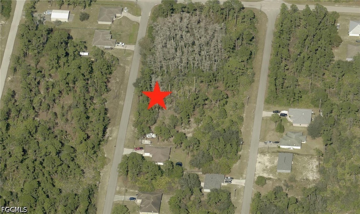 Aerial view of a wooded residential lot marked with a red star between neighborhood roads.