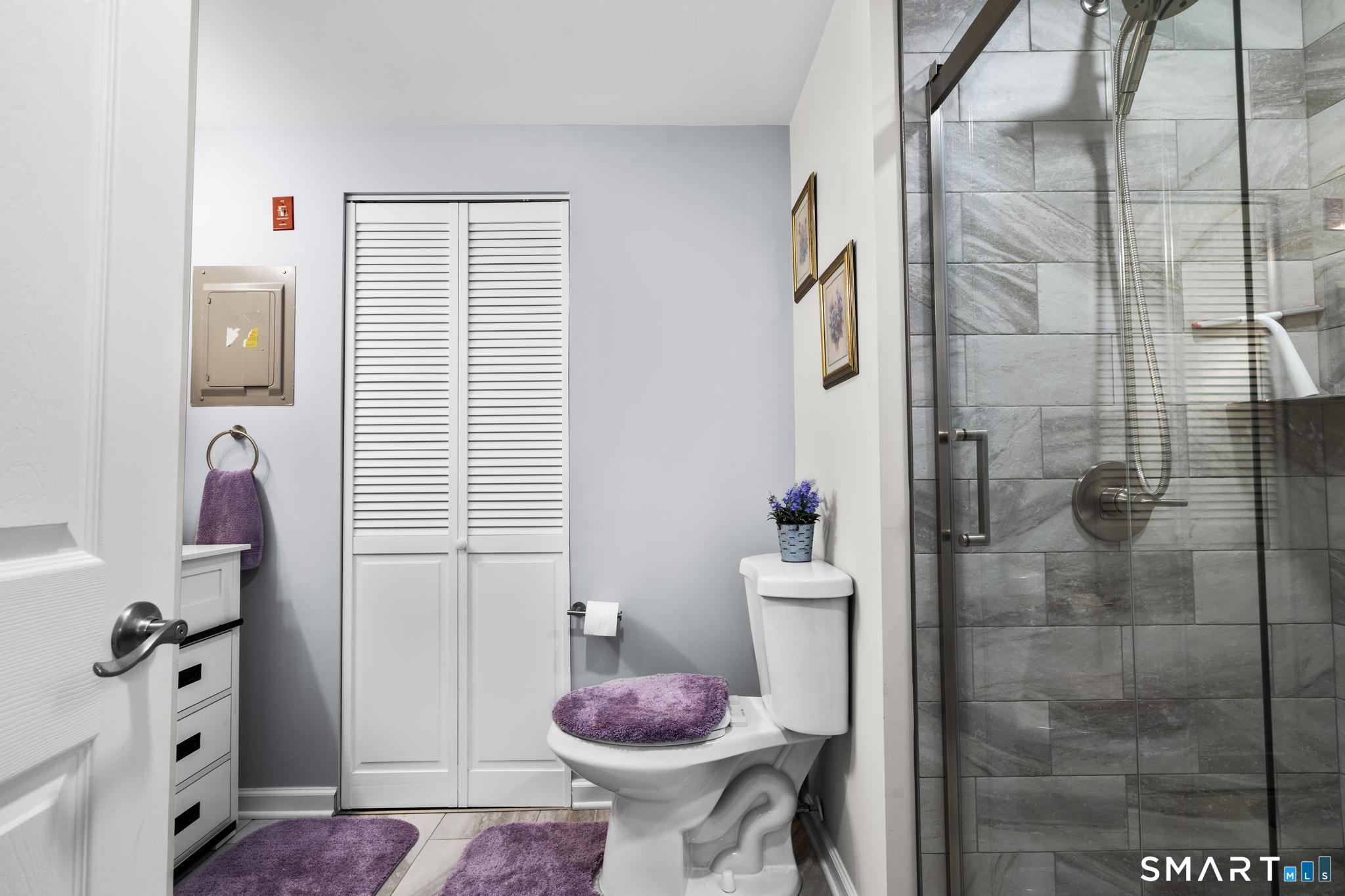 Bathroom with a glass-enclosed gray tile shower, white toilet, and purple bath mats.