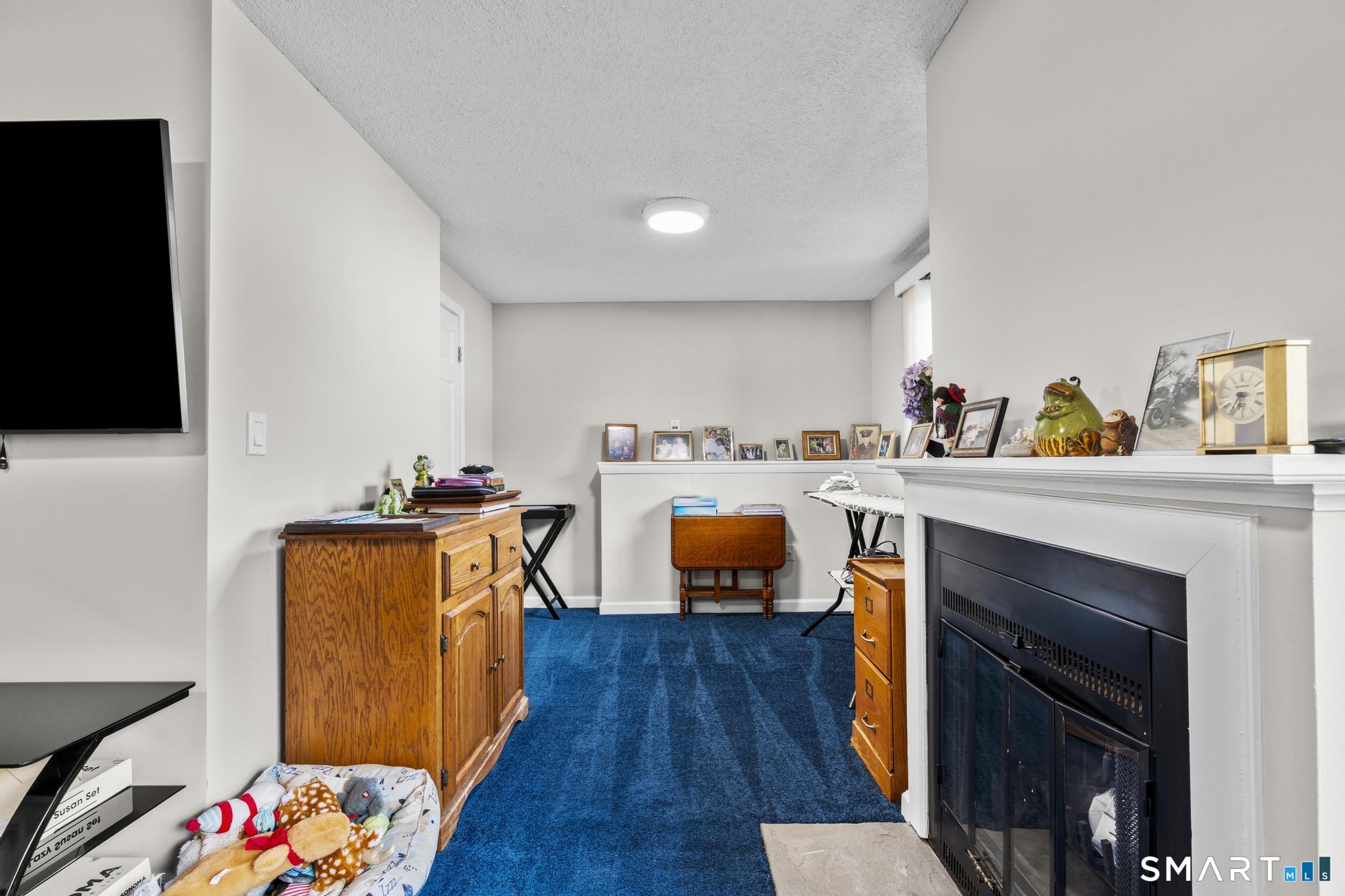 Furnished living room with a blue carpet, wooden cabinets, and a large fireplace.