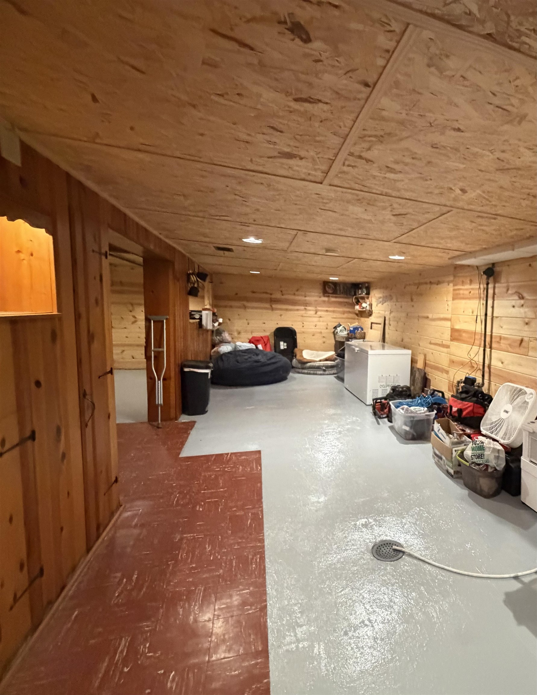 Wood-paneled basement with a chest freezer, beanbag chair, and floor drain.