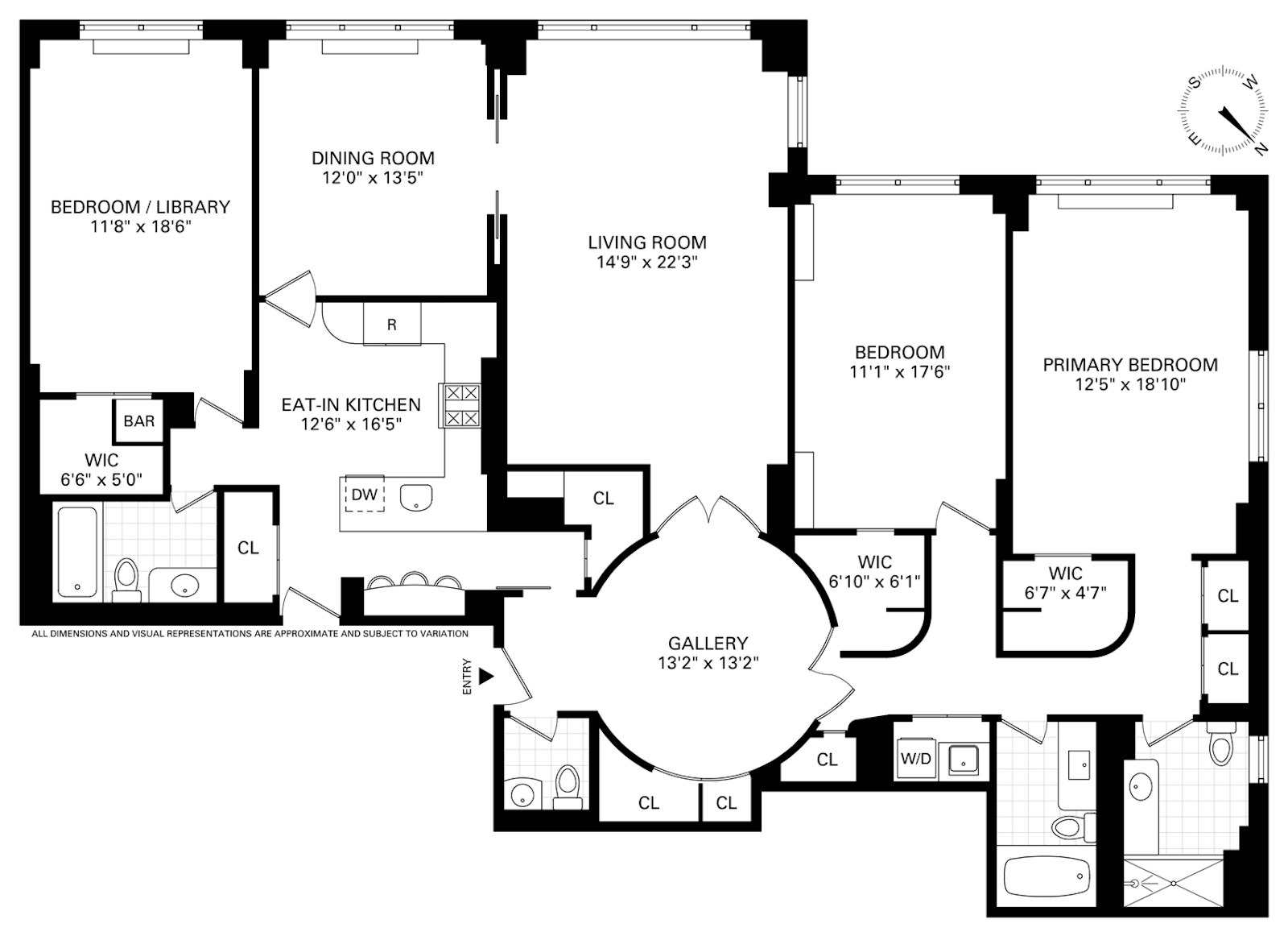 Apartment floor plan showing three bedrooms, a gallery, living and dining rooms, and an eat-in kitchen.