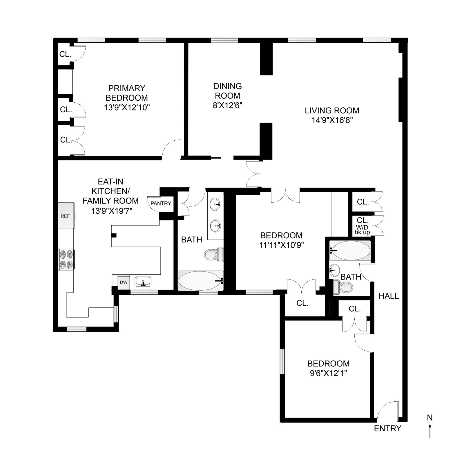 Floor plan showing three bedrooms, two bathrooms, living and dining rooms, and an eat-in kitchen.
