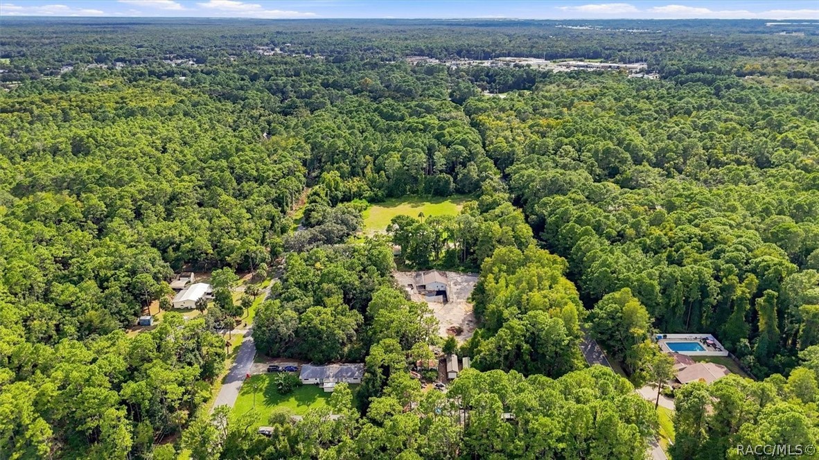 Aerial view of a wooded Homosassa property with a large clearing and scattered buildings.