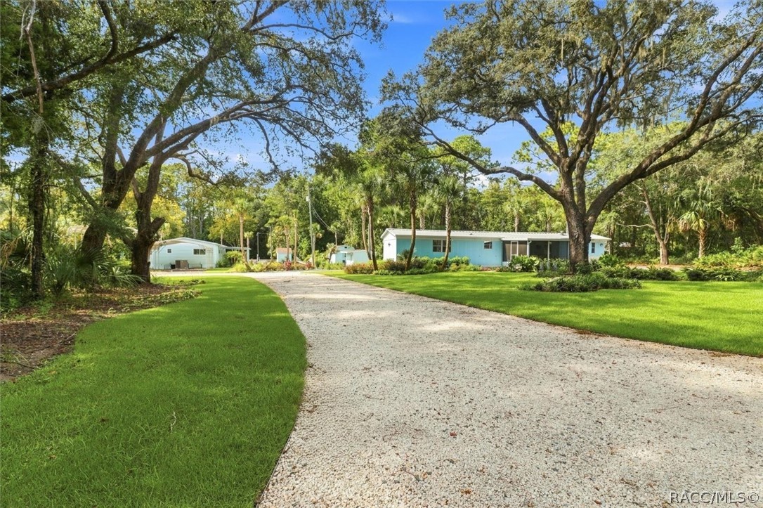 Light-blue home framed by mature trees, with a wide gravel driveway and green lawn.