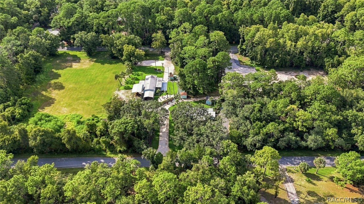 Aerial view of a wooded property with a grassy clearing, several buildings, and a long driveway.