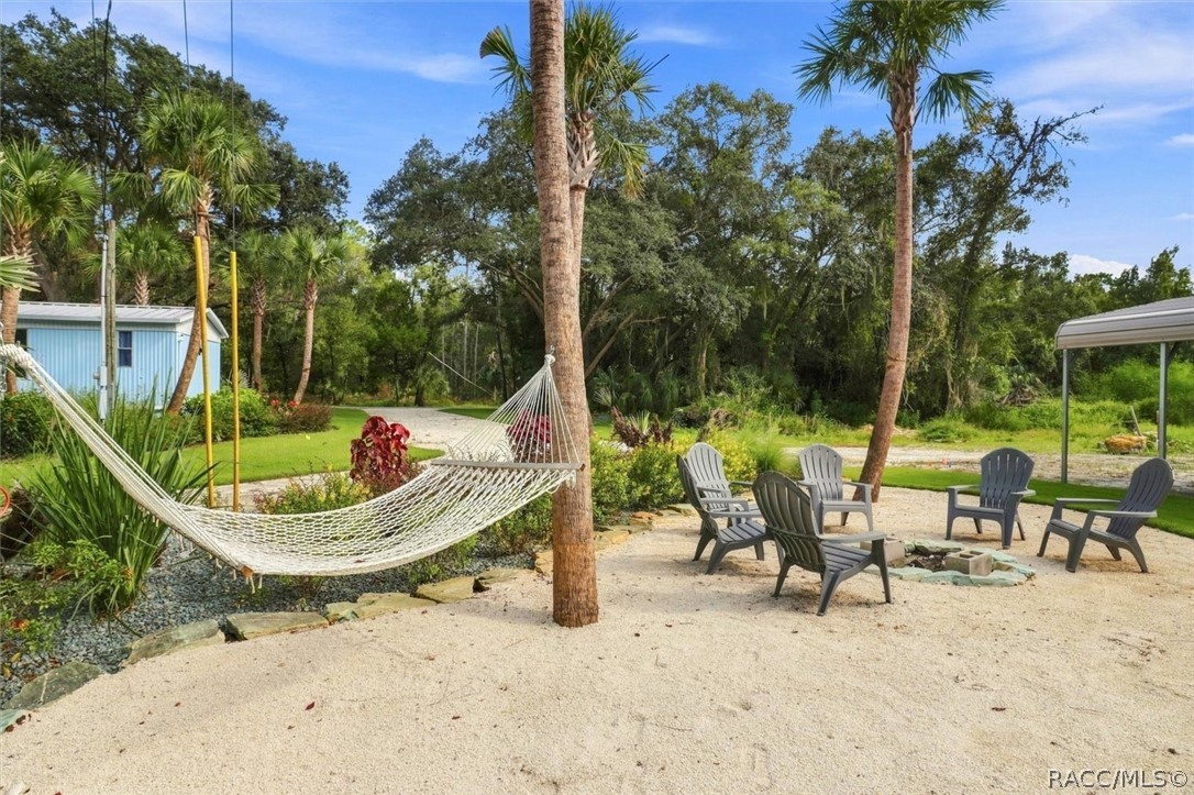 Outdoor patio with a hammock, palm trees, Adirondack chairs, and a small fire pit.
