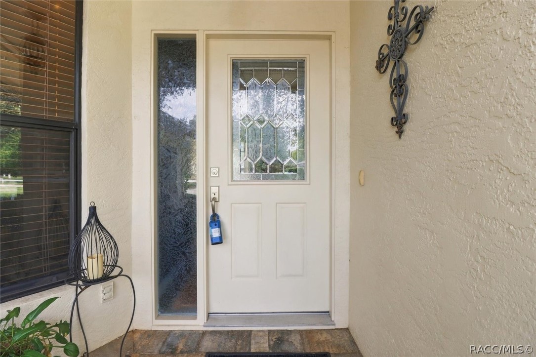 Front entry with a white decorative-glass door and narrow sidelight.