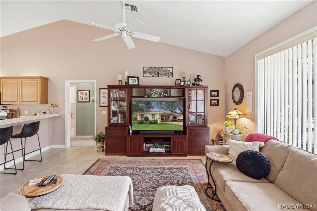 Living room with a vaulted ceiling, entertainment center, and vertical blinds.