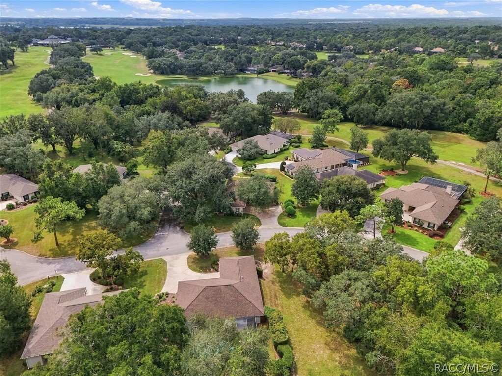 Aerial view of homes beside a golf course and pond, surrounded by mature trees.