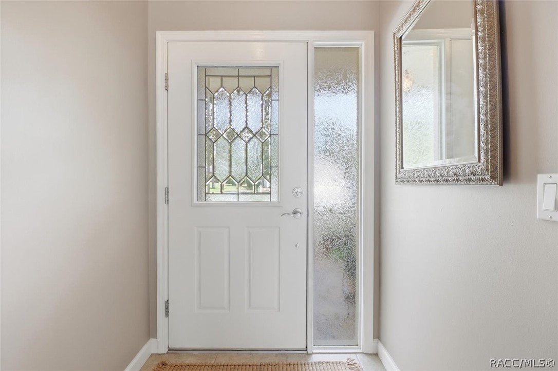 Entryway with a white decorative-glass front door and matching sidelight.