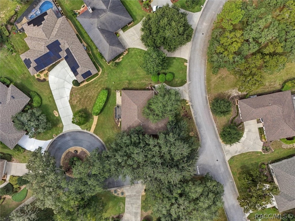 Aerial view of a home beneath mature trees beside a curved residential street and cul-de-sac.
