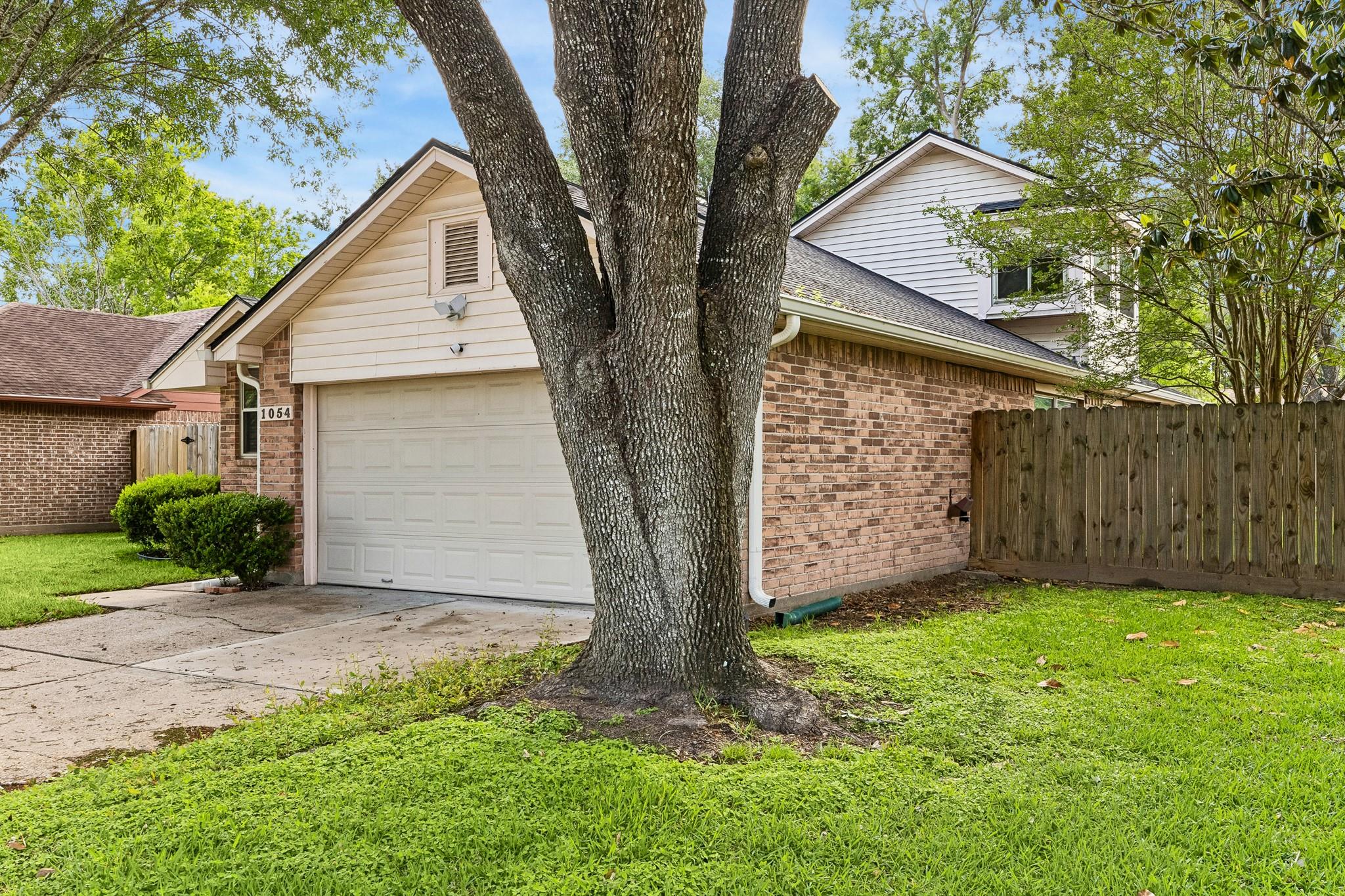 Brick house with a white garage door partly hidden behind a large mature tree.