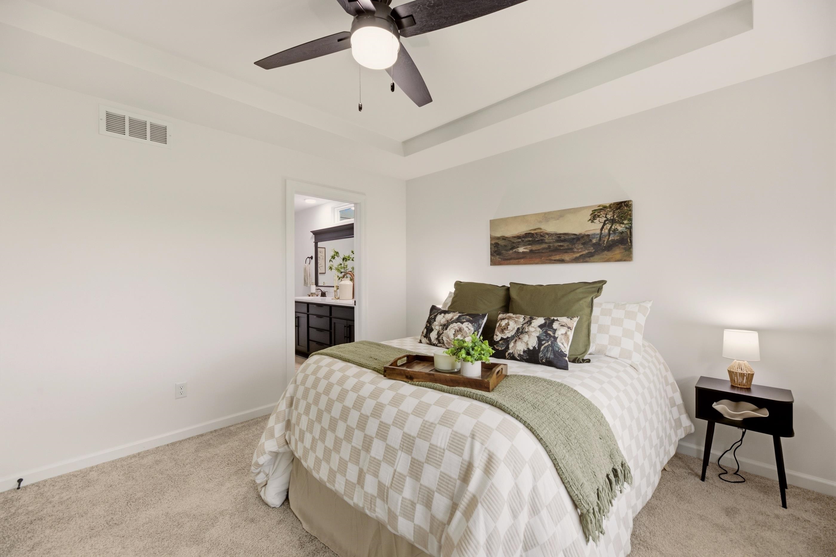 Staged bedroom with a checkered bedspread, green throw, ceiling fan, and bathroom vanity visible through the doorway.