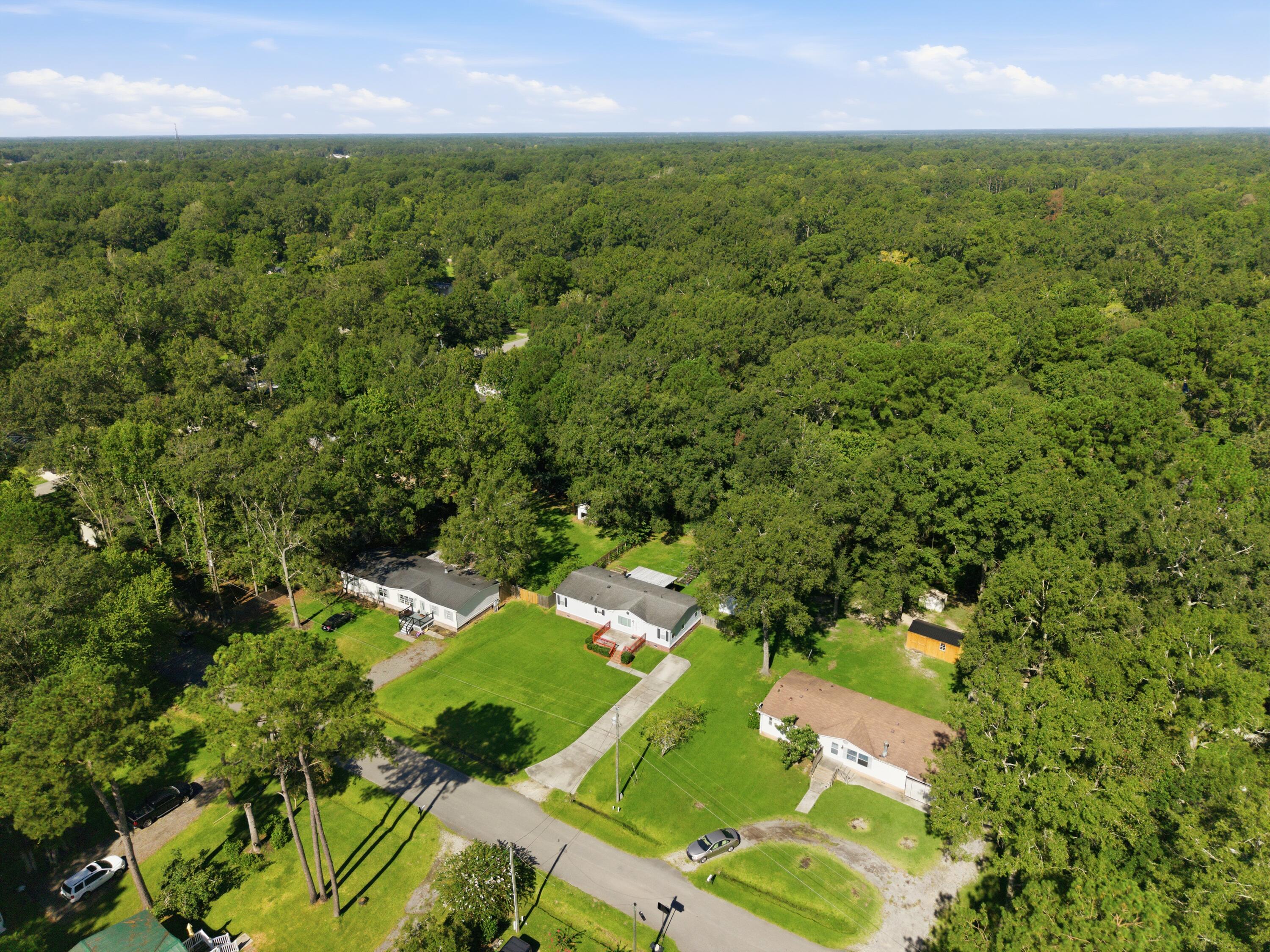 Aerial view of homes along a residential street bordered by dense woodland.