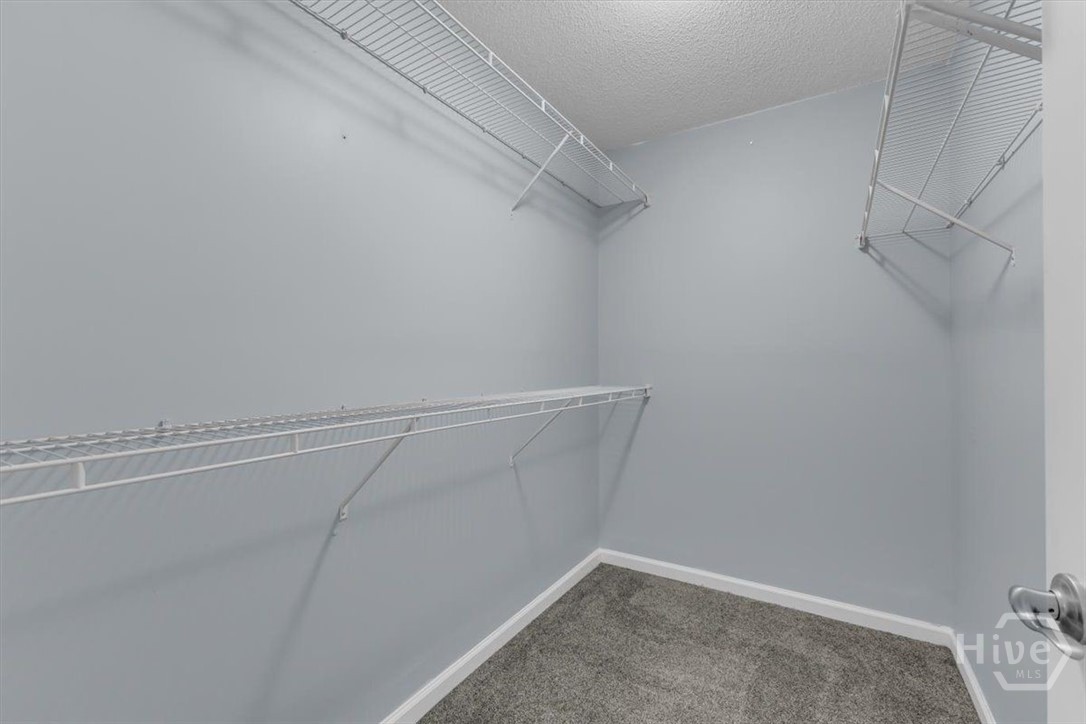 Empty walk-in closet with gray carpet and white wire shelving along three walls.
