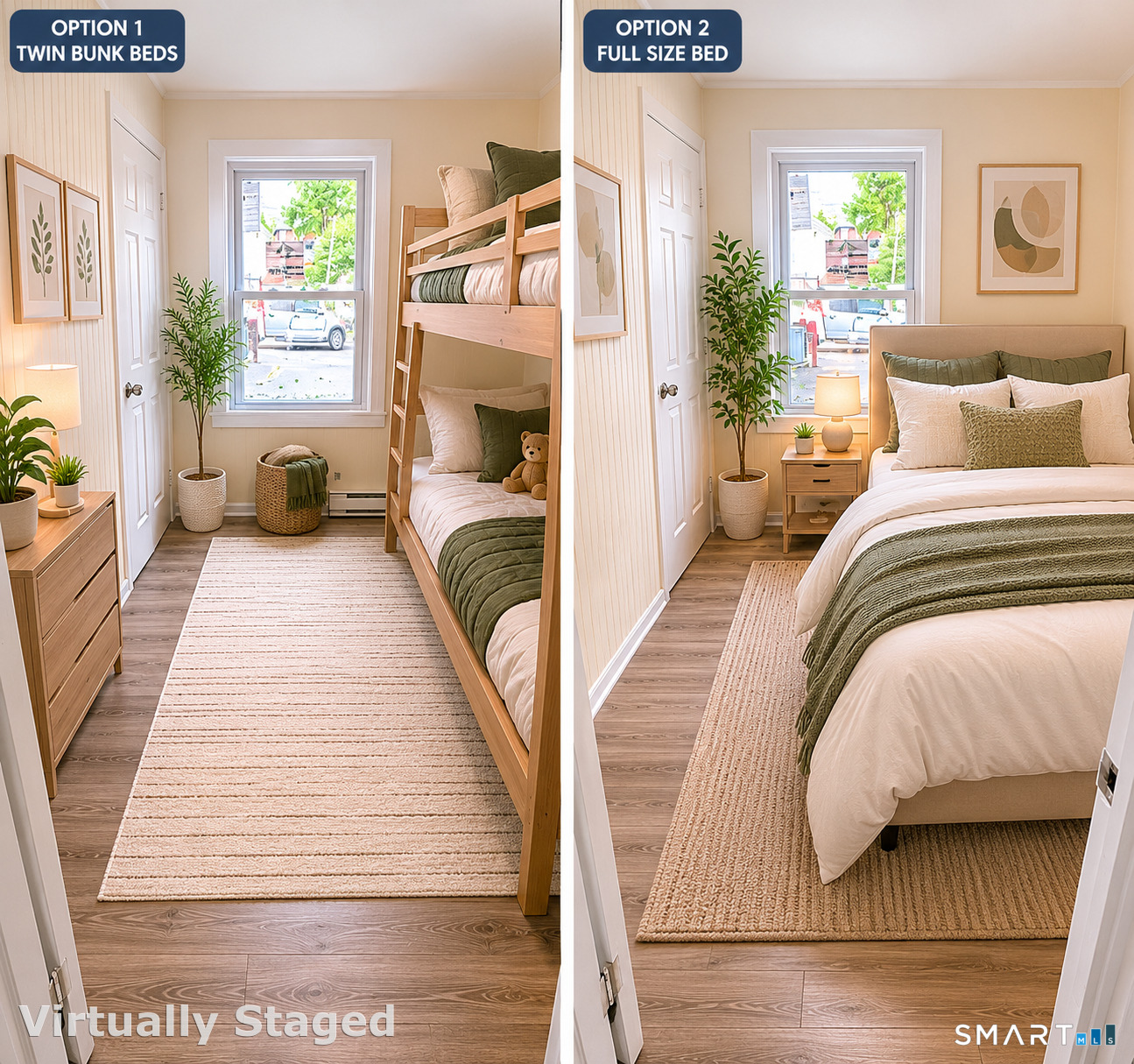 Bedroom shown with twin bunk beds or a full-size bed, with a window and neutral decor.