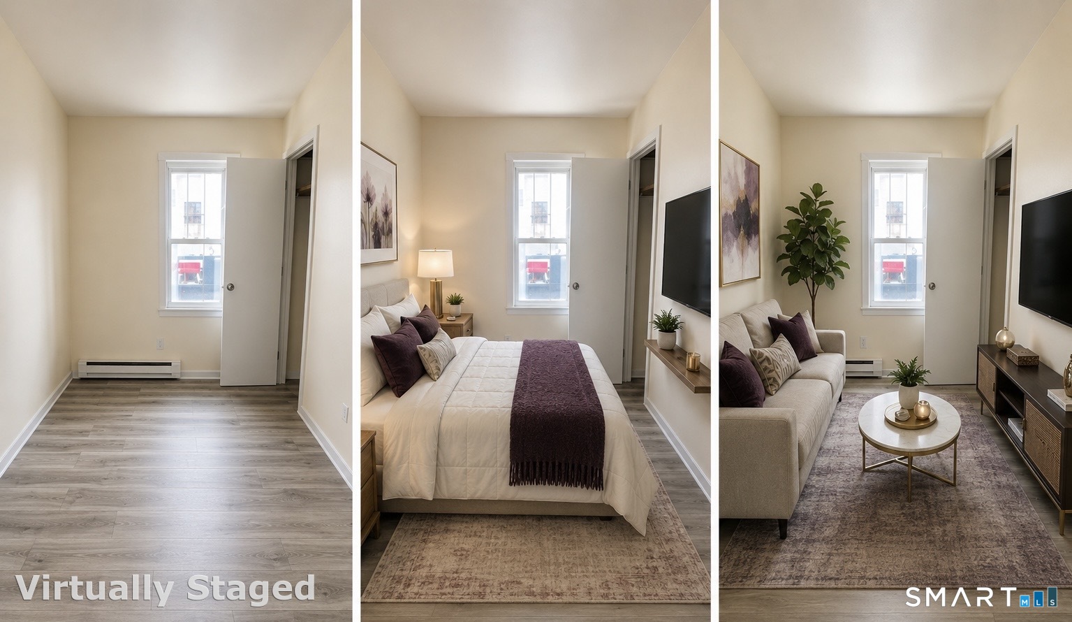 Small room shown empty, virtually staged as a bedroom, and furnished as a living room.