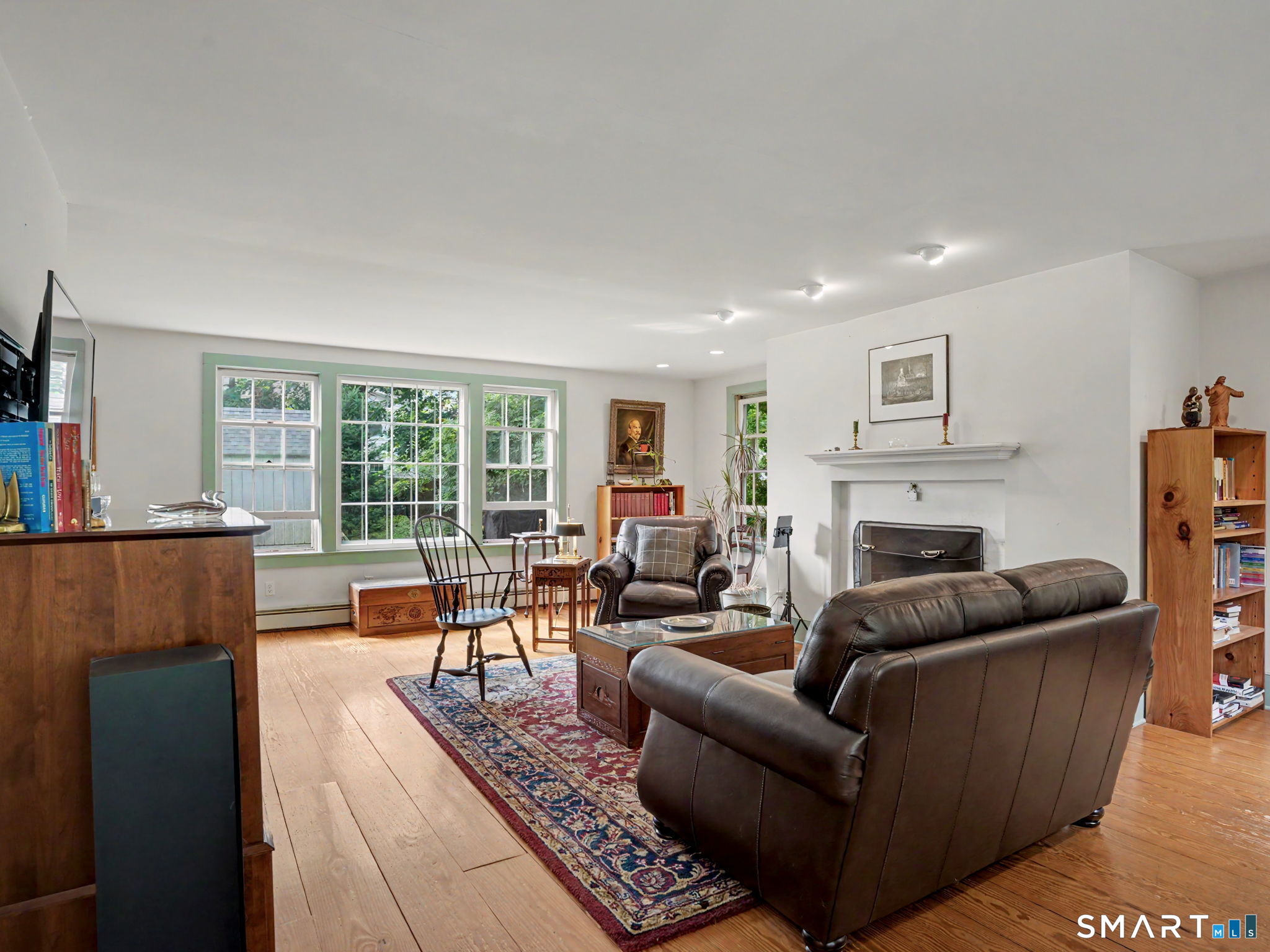 Furnished living room with leather seating, a white fireplace, green-trimmed windows, and a patterned rug.