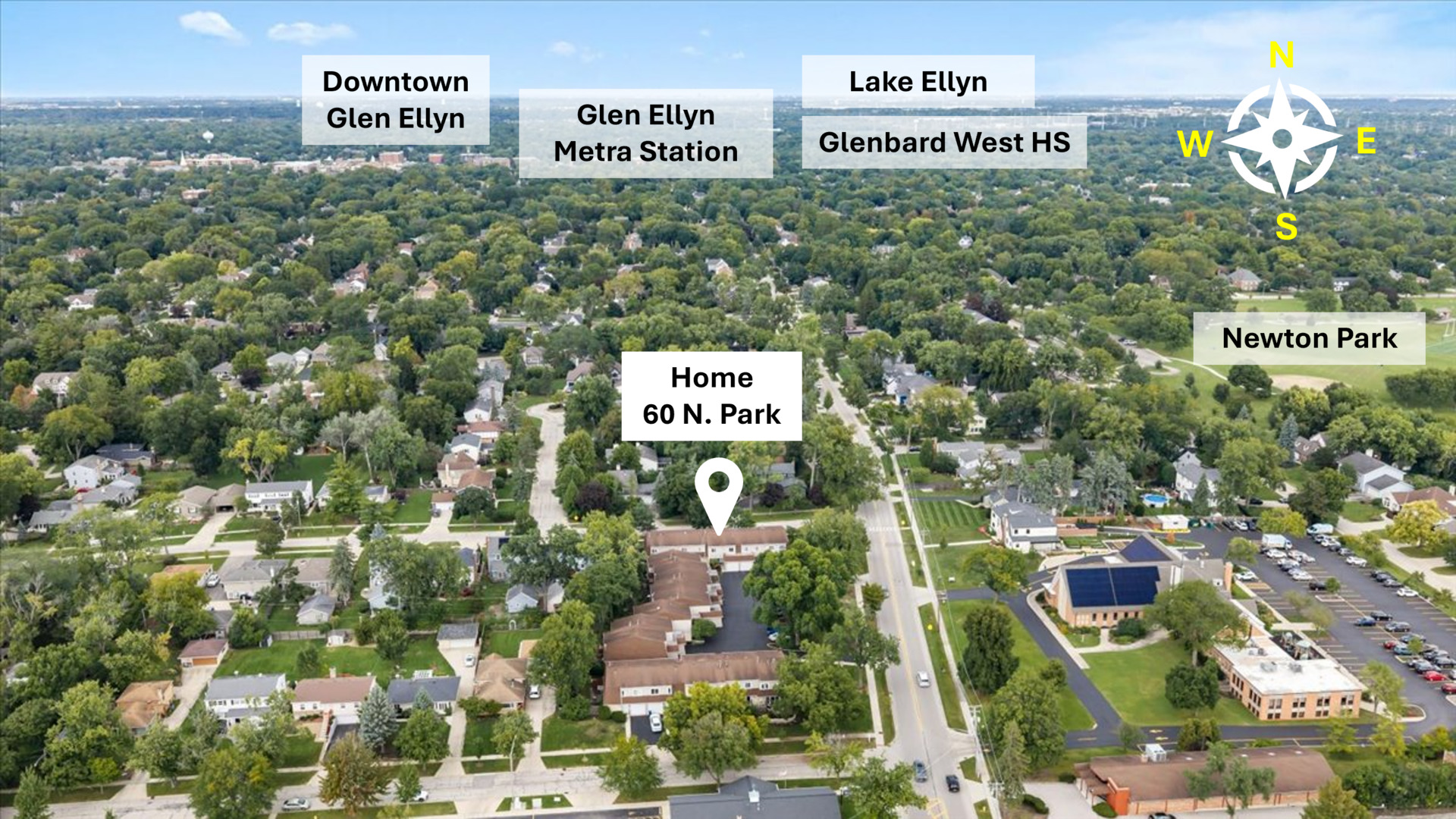 Aerial view locating 60 N. Park in Glen Ellyn, with nearby downtown, Lake Ellyn, and Newton Park labeled.