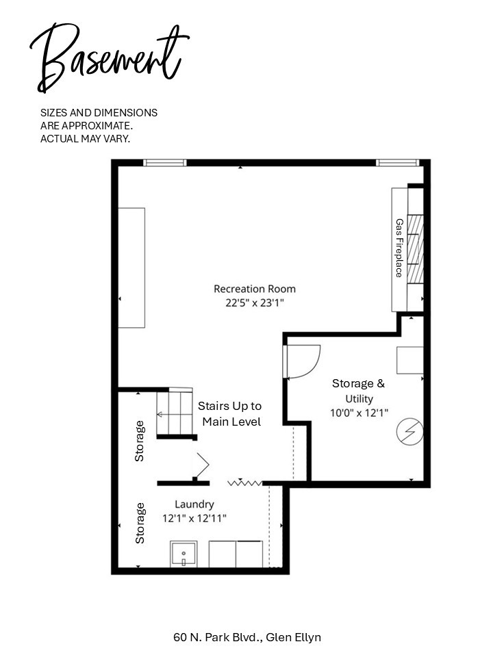Basement floor plan with a large recreation room, gas fireplace, laundry, storage, utility room, and stairs.
