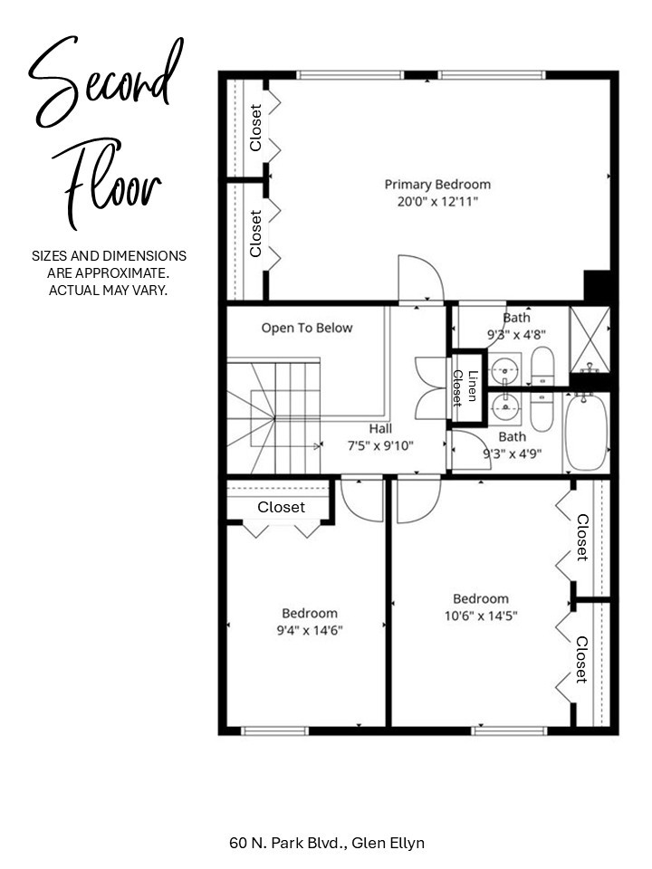 Second-floor plan with a primary bedroom, two bedrooms, two baths, and an open-to-below area.