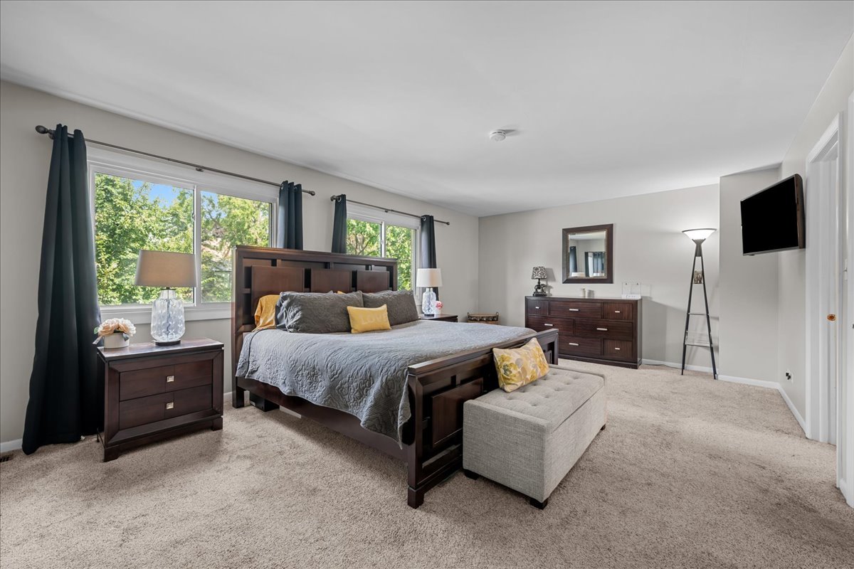Furnished bedroom with a dark wood bed, carpeted floor, and two large windows.