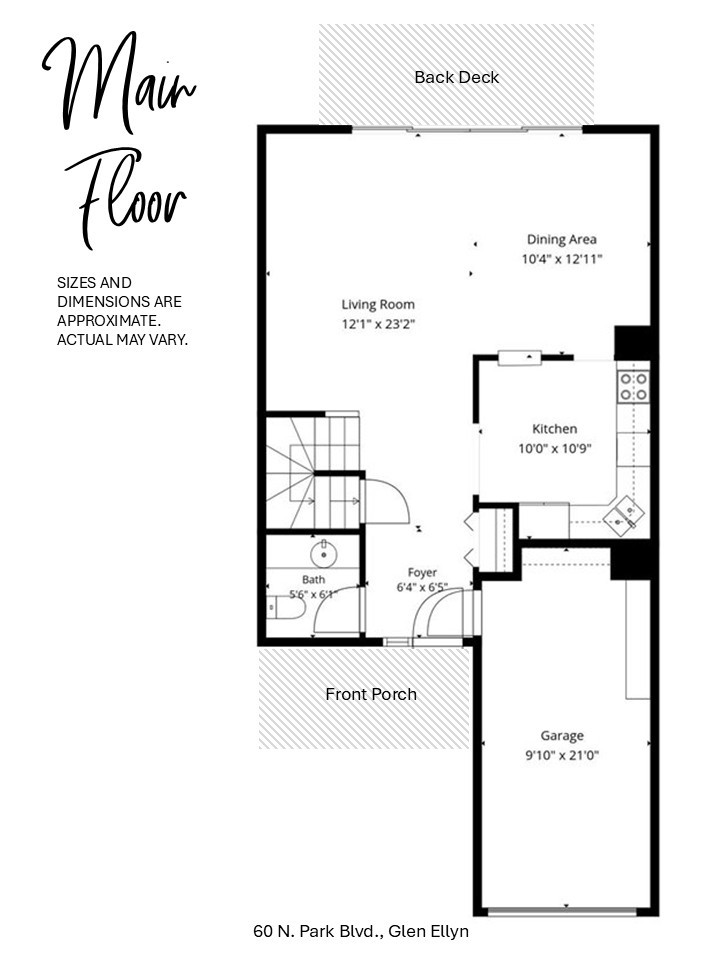 Main-floor plan showing living and dining areas, kitchen, bath, foyer, garage, front porch, and back deck.