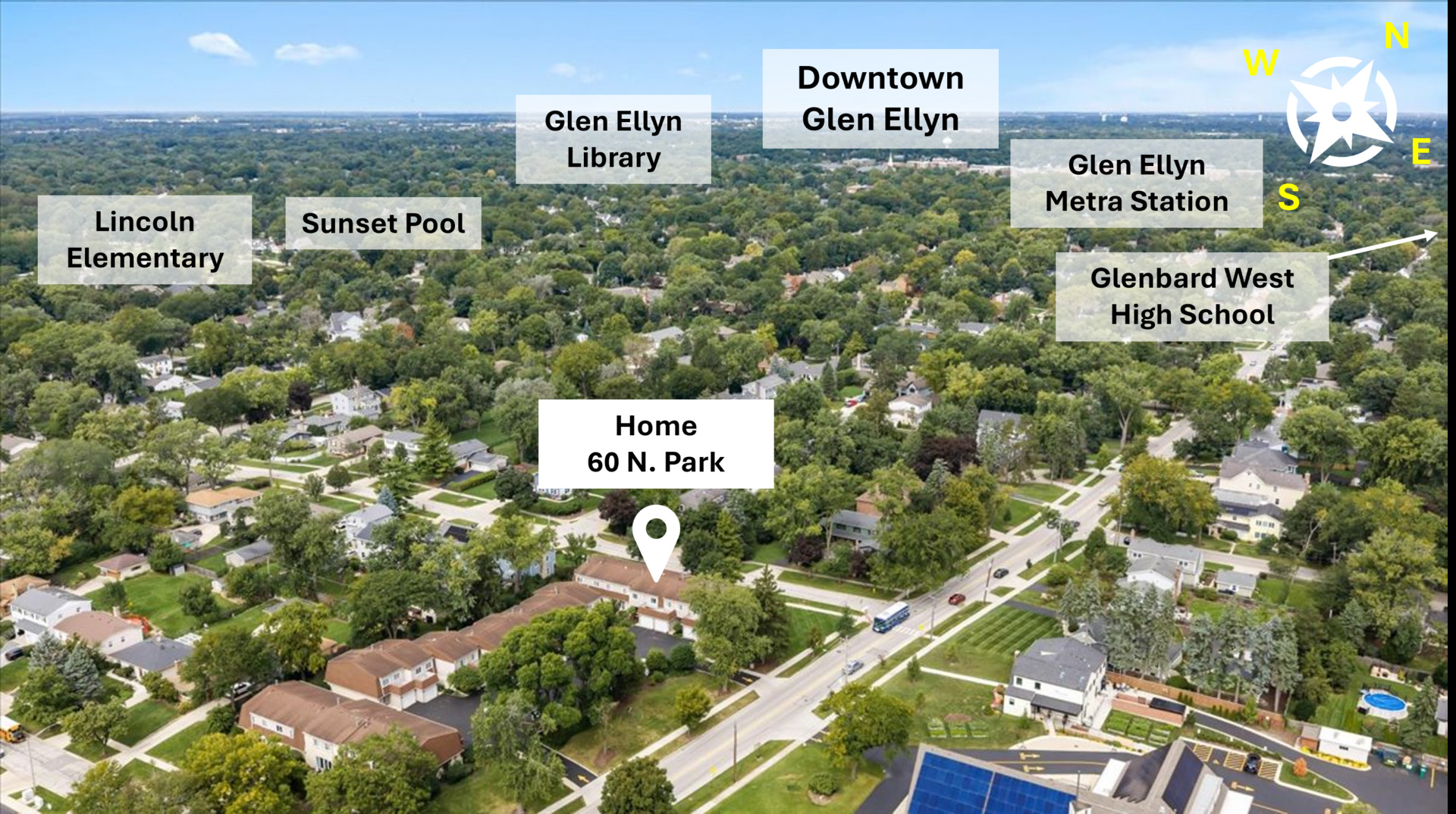 Aerial neighborhood view marking 60 N. Park and nearby Glen Ellyn landmarks.