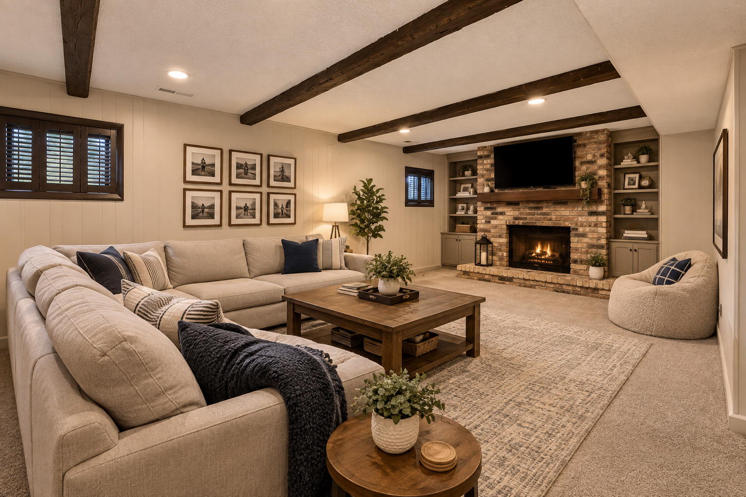 Living room with a beige sectional, exposed wood beams, and a brick fireplace with built-in shelves.