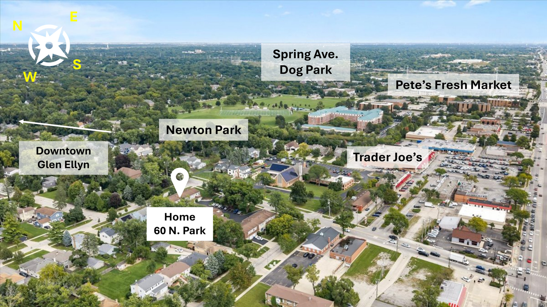 Aerial view of 60 N. Park Boulevard, marked near Newton Park and downtown Glen Ellyn.