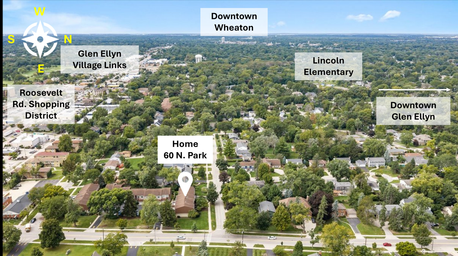 Aerial view of 60 N. Park marked among tree-lined Glen Ellyn streets, with nearby destinations labeled.
