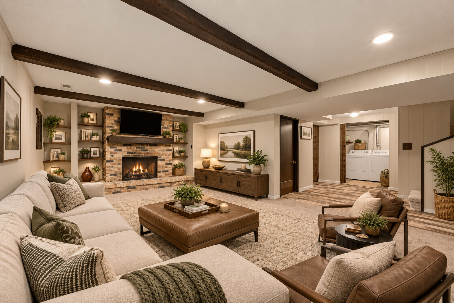 Staged living room with exposed ceiling beams, a brick fireplace, and a laundry area in the background.